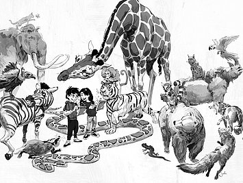 Ein Schwarz-Weiß-Bild, auf dem Jascha Gerhardt im Cartoon-Stil zwei Kinder umringt von verschiedenen Tieren gezeichnet hat. 