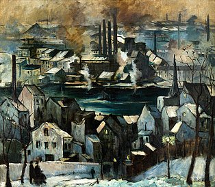 Richard Gessner: Hafenstadt am Rhein, Öl auf Leinwand, 1920/30 