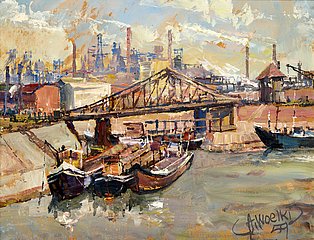 Anton Woelki: „Industrielandschaft und Hafen“, Öl auf Malkarton, 1959