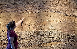 Frau zeigt mit dem Finger auf eine Wand aus Gestein