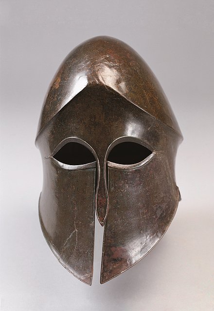 Photograph of a Corinthian helmet from Sicily from the 5th century BC.