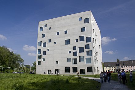 Exterior view of the Sanaa building, the Folkwang University at the Zollverein UNESCO World Heritage Site.