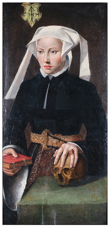Porträt einer Frau mit Buch und Totenschädel.