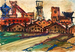 Friedrich G. Einhoff: Klapheckenhof-Siedlung vor roter Zeche und blauem Wasserbehälter, Tempera auf Papier, um 1924 