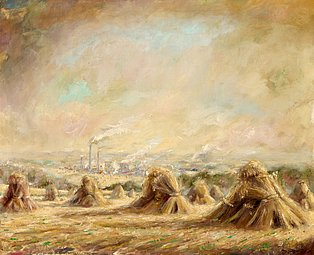 Hans Pütter: Korngarben vor Industriegebiet, Öl auf Leinwand, 1951 